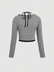 SHEIN MOD Top d`automne manches longues gris grande taille femme 2 en 1 T-shirt, top avec nœud papillon, top tricoté, top noir, vêtements de rentrée scolaire - Gris - Voir 2