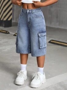 SHEIN Jeans cargo con tasche a patta e effetto delavato in stile Retro Y2K per ragazze pre-adolescenti, pantaloncini di lunghezza lunga, abbigliamento autunnale per ragazze, outfit per il ritorno a scuola