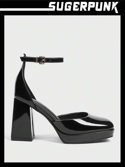 Sugerpunk Sweet And Cool Black Patent Leather Thick-Heeled High Heels; Vintage Patent Leather Square-Toed Thick-Heeled Shoes; Punk Style Shoes With Hollow-Out Design And A Single Strap With A Buckle.
