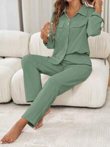 SHEIN LUNE 2 件宽松休闲翻领长袖纯色衬衫和裤子套装 - 綠色 - 查看 5