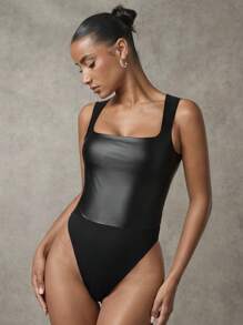 SHEIN BAE 女士春秋款方领 PU 皮革无袖修身紧身衣/时尚百搭简约 - 黑色 - 查看 6