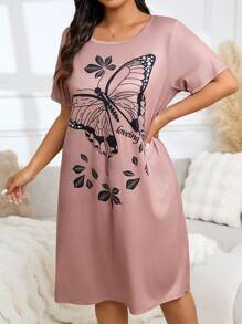 Plus Casual Loose Butterfly Print Short Sleeve T-Shirt Dress, All Seasons, Moo Moo - Multicolor - View 7
