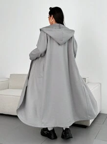 Flirla 大码 2024 春秋女式灰色连帽拉链长款休闲夹克带侧袋 - 灰色 - 查看 1