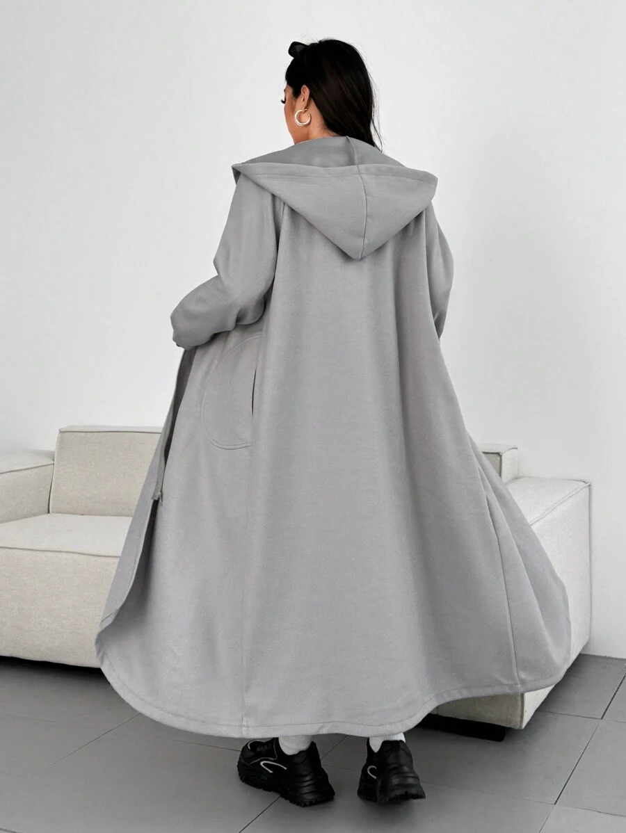 Flirla 大码 2024 春秋女式灰色连帽拉链长款休闲夹克带侧袋 - 灰色 - 查看 1