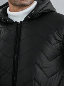 Manfinity Homme Men's Zipper Pocket Drawstring Hooded Padded Coat - Black - View 2