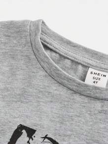SHEIN Young Girl Casual Round Neck Short Sleeve Knit Sporty Top, Grey Graphic Tee