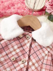 Baby Girl Plaid Patchwork Fluffy Collar Long Sleeve Casual Jacket - Pink - View 3
