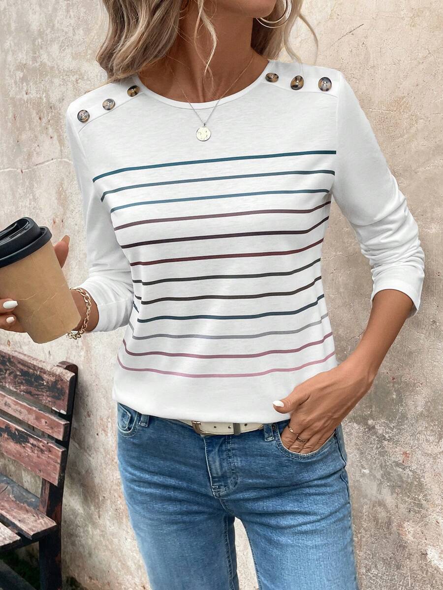 EMERY ROSE Camiseta feminina casual confortável listrada colorida manga comprida com gola redonda botões decorativos, outono inverno