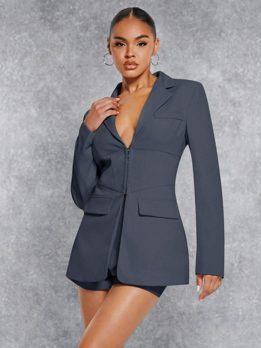 SHEIN BAE Women Spring Autumn Solid Color Lapel Long Sleeve Blazer Jacket And Shorts Elegant Suit Set  In Fall/Winter - Dark Grey - View 1