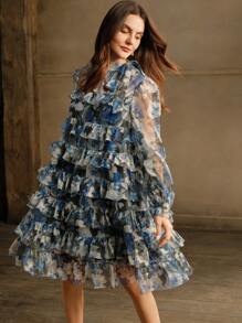 Anewsta Women's Autumn Tie-Neck Ruffled Layered Elegant Cake Midi Dress - Blue - View 2