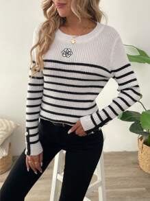 Chiquease New Autumn Long Sleeve Embroidered Black And White Striped Knitted Sweater, Fall Winter - Black and White - View 4