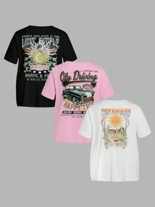 SHEIN CURVE+ Curve Plus 3 件套休闲简约图案圆领短袖 T 恤，修身款，女士夏季服装 - 彩色 - 查看 3