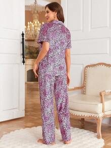 Pink Leopard Print Velvet Top And Pants Sleepwear Pajama Set - Hot Pink - View 2