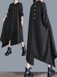 Women's Open Back Long Loose Dress - Black - View 1