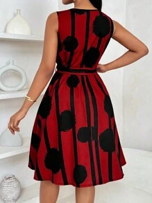SHEIN Women's Elegant Geometric Print Tie Waist Short Dress
