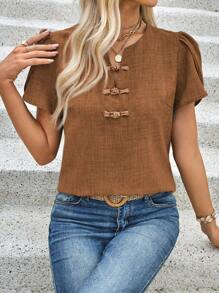 EMERY ROSE Áo sơ mi nữ tay lỡ cài nút phía trước màu trơn, mùa hè, áo tay ngắn - Cà phê nâu - Xem 4