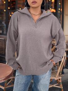 Calvaya Áo len nữ cỡ lớn kiểu dáng thường ngày, vai rớt, cổ khóa kéo, thích hợp mặc mùa đông. - Bụi tím - Xem 3