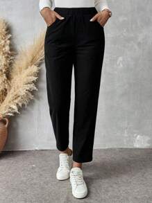 SHEIN Essnce Pantalones negros de felpa gruesa para mujer, pantalones de pana cálidos, leggings, pantalones harem de cintura alta para otoño e invierno