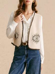 Poéselle Women's Contrast Edge Eyes Pattern Casual Sleeveless Top - Khaki - View 5