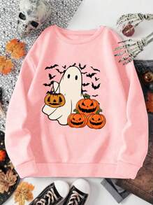 Tween Girls Cute Ghost & Pumpkin Print Casual Crew Neck Sweatshirt For Halloween - Baby Pink - View 1