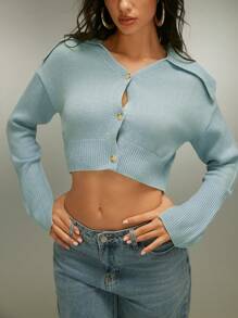 SHEIN Unity Women's Solid Color Front Button Casual Long Sleeve Sweater,Cardigan Sweater,Sweater Top,Fall Women Outfits - Green - View 7