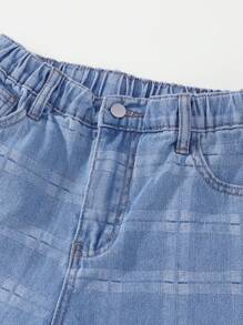 SHEIN Tween Girls Light Wash Denim Jeans With Plaid Pattern And Slit Hem Design - Blue - View 8