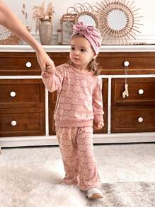 SHEIN 2 件套女婴花卉提花长袖上衣和裤子套装，春秋 - 粉色 - 查看 3