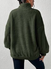 SHEIN EZwear 女式纯色半拉链套头衫，长袖，宽松版型，秋冬季，长袖上衣 - 軍綠色 - 查看 2