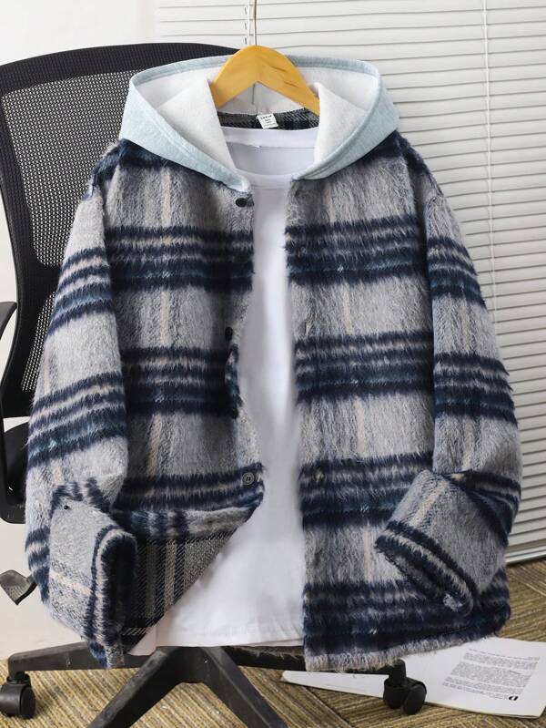 SHEIN Teen Boys Hooded Jacket,Stitching And Contrasting Colors,Suitable For Autumn, Suitable For Winter, Suitable For Keeping Warm, Suitable For College, Suitable For Home, Suitable For Daily Use, Suitable For Sports, Suitable For Birthday Parties, Suitable For , Basic And Versatile, Simple And Plush.