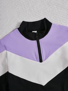 SHEIN Leap Crew 2pcs Teenage Girls' Color Block Collared Half-Zip T-Shirt And Casual Pants Set - Mauve Purple - View 3