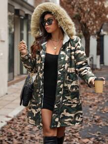 Easura Plus Size Autumn/Winter Camouflage Zipper Front Drawstring Waist Hooded Padded Coat Fall Cloth For Women