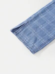 SHEIN Tween Girls Light Wash Denim Jeans With Plaid Pattern And Slit Hem Design - Blue - View 3