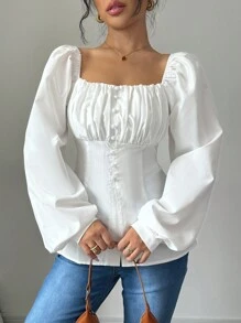 Chiquease New Arrival French Style Square Collar Pleated Keyhole Front Slit Blouse - White - View 3