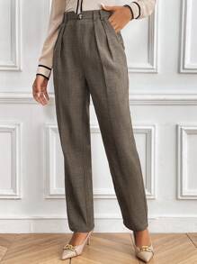 SHEIN Clasi Women's Plaid Print Slant Pocket Fold Pleated Pants, Waist Belt Not Included - Brown - View 5