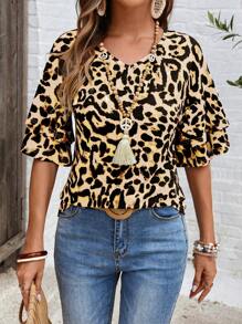 EMERY ROSE Áo thun tay ngắn họa tiết da báo viền bèo nhún đôi cho nữ - Nhiều màu - Xem 5