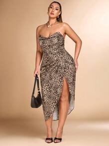 SHEIN BAE Plus Size Women's Summer Leopard Print Ruched Hem Slit Bandeau Fashion Dress - Multicolor - View 7