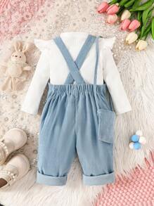 SHEIN Playful Pals 3 件套女婴针织上衣 + 灯芯绒连体裤 + 手提包，秋冬 - 藍色 - 查看 9