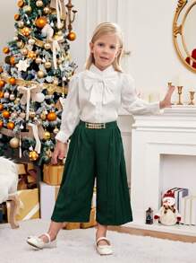 SHEIN Leap Crew Bộ thời trang bé gái Chuỗi Nơ trước Nút phía trước Khối Màu Buổi tiệc - Nhiều màu - Xem 4