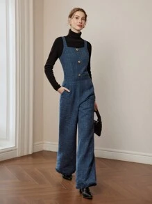 MOTF PREMIUM Mono de pernera acampanada con bolsillo sesgado, borde deshilachado y estampado a cuadros, sin suéter negro ni cinturón - Azul Marino - Ver 8