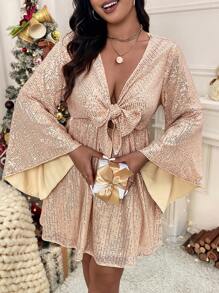 SHEIN VCAY 大码秋冬闪亮亮片长款喇叭袖A字连衣裙，派对聚会装，朋友聚会，万圣节服装，圣诞节服装，新年服装，老钱风格，法式，性感，优雅，浪漫香槟色大码连衣裙