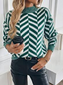 SHEIN LUNE Striped Print Crew Neck Long Sleeve Sweater Knit Pullover Fall Winter Outfit - Multicolor - View 5