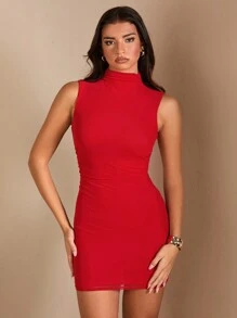 SHEIN BAE Vestido mini ajustado con escote de malla roja fruncida y sin mangas, esencial minimalista para citas románticas para mujer en otoño e invierno