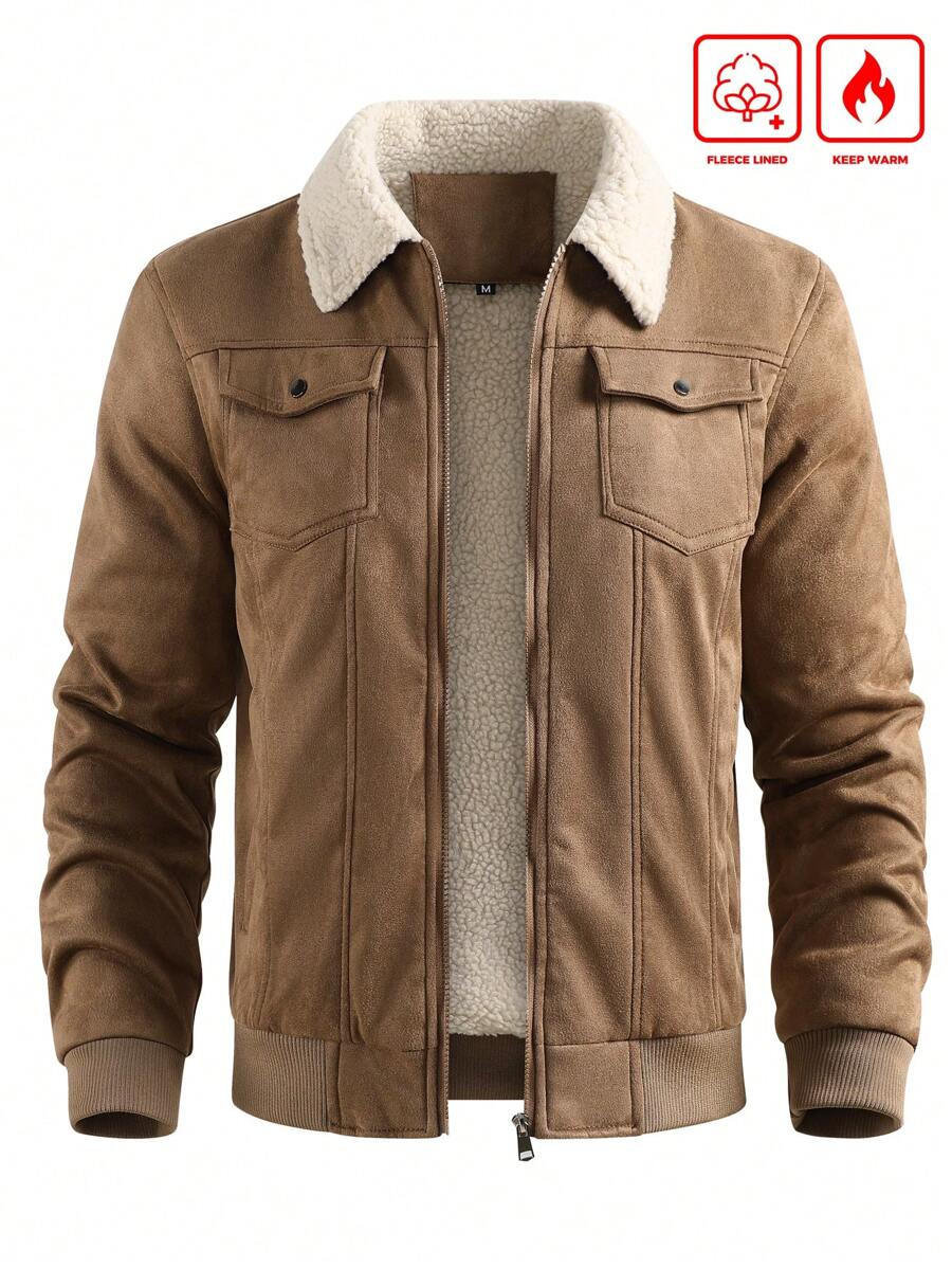 Manfinity Homme Men's Faux Shearling Thermal Lined Jacket, Warm Collar Coat, Going Out Long Sleeve Jacket, For Friends, Husband, Boyfriend Gifts, For Fall Winter - Brown - View 1