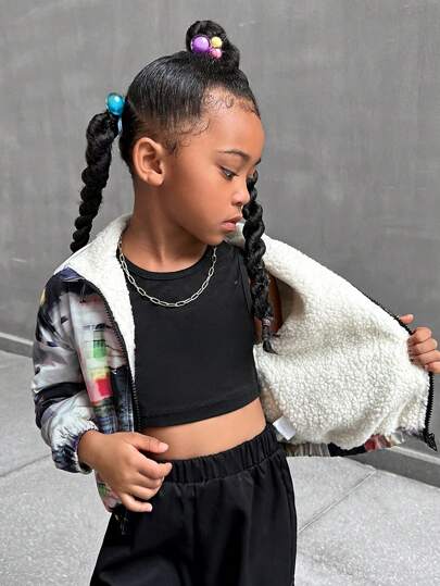 SHEIN Explorewe Young Girl Fashion Resort Plus Fleece Thick Hooded Long Sleeve Jacket, Zipper Closure, Ribbed Cuffs & Hem, Mixed Color Graphic Print Outer, Sherpa Lining, Suitable For Autumn & Winter Wear