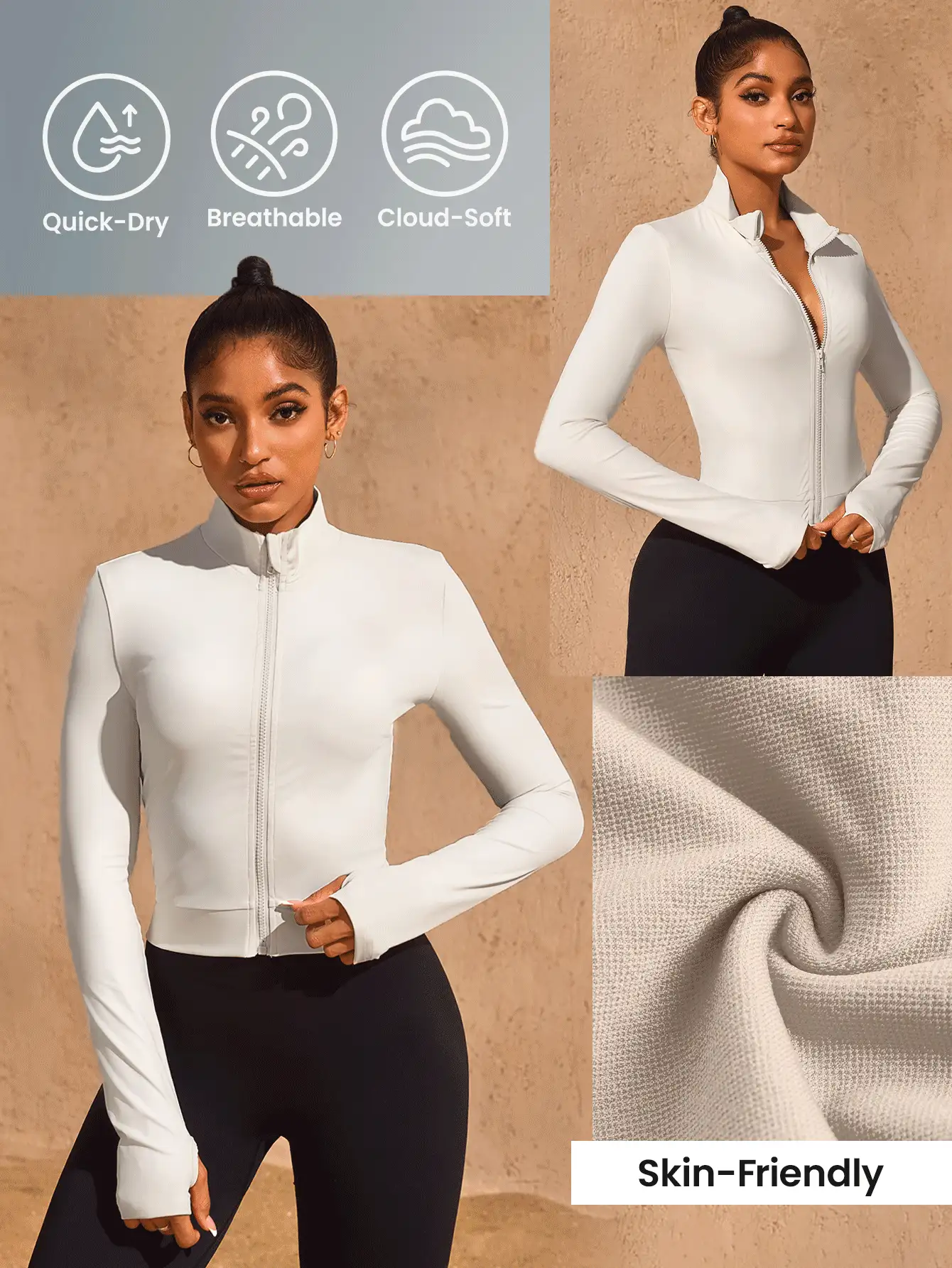 SHEIN Sports 女式纯色前拉链修身运动夹克，适合春夏季 - 杏色 - 查看 2