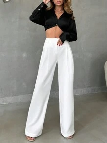 SHEIN Tall 女士纯色高腰阔腿裤 - 奶油色 - 查看 5