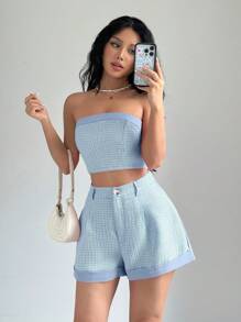 Chiquease 2 件套女士休闲格子短款抹胸和褶皱短裤套装，夏季 - 彩色 - 查看 5