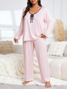 Plus Size Polka Dot Contrast Trim Tied Front Raglan Sleeve Casual Top & Pants Pajama Sweat Suit, Fall Clothes, Cozy Outfit - Pink - View 6