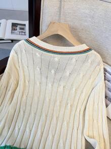 بلوفر كاجوال طويل الأكمام بياقة على شكل v ملون للفتيات المراهقات ، خريف/شتاء ، متألق ، العودة للمدرسة ، أبيض - أبيض - مشاهدة 7