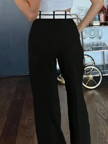 EURMUSE Contrast Waist Wide Leg Suit Pants - Black - View 2